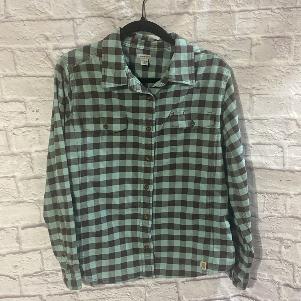 Carhartt Rugged Flex Blue Brown Plaid Button-up Flannel Women’s Shirt Size XL